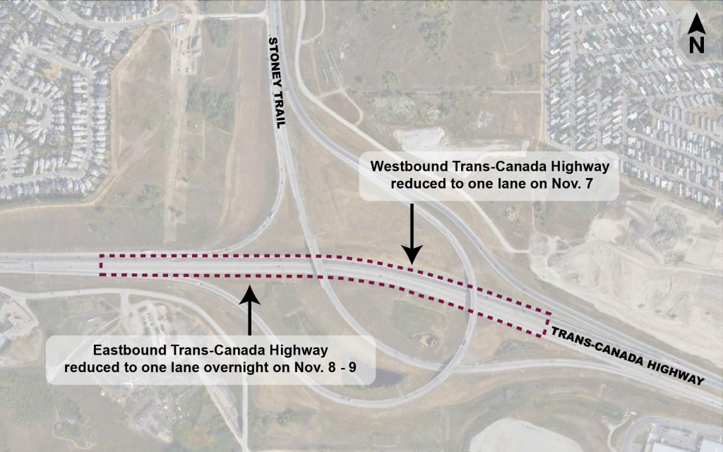 Map showing location of lane closures on the Trans-Canada Highway at Stoney Trail