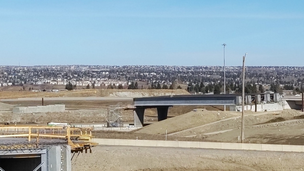 Girders installed on the south span over the eastbound Trans-Canada Highway lanes