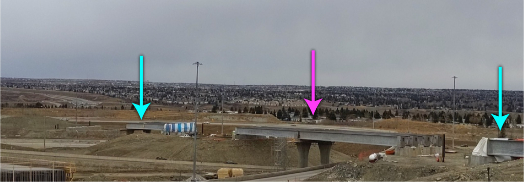 Looking northeast at the three bridges comprising the ramp from northbound Stoney Trail to westbound Trans-Canada Highway