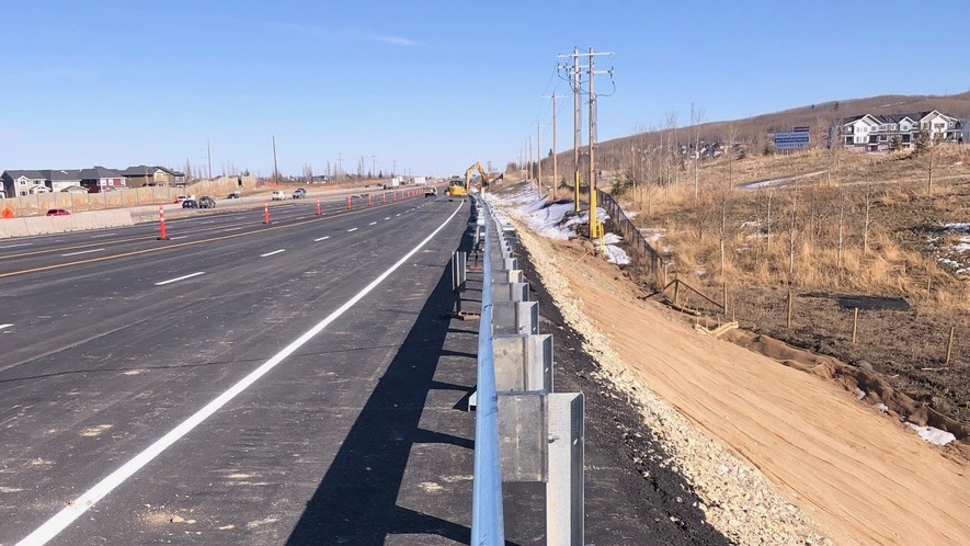 Looking east at guardrail installation prior to shifting eastbound traffic