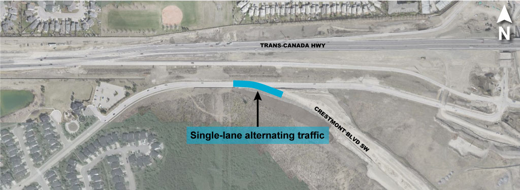 Map showing location of single-lane alternating traffic on Crestmont Boulevard S.W.